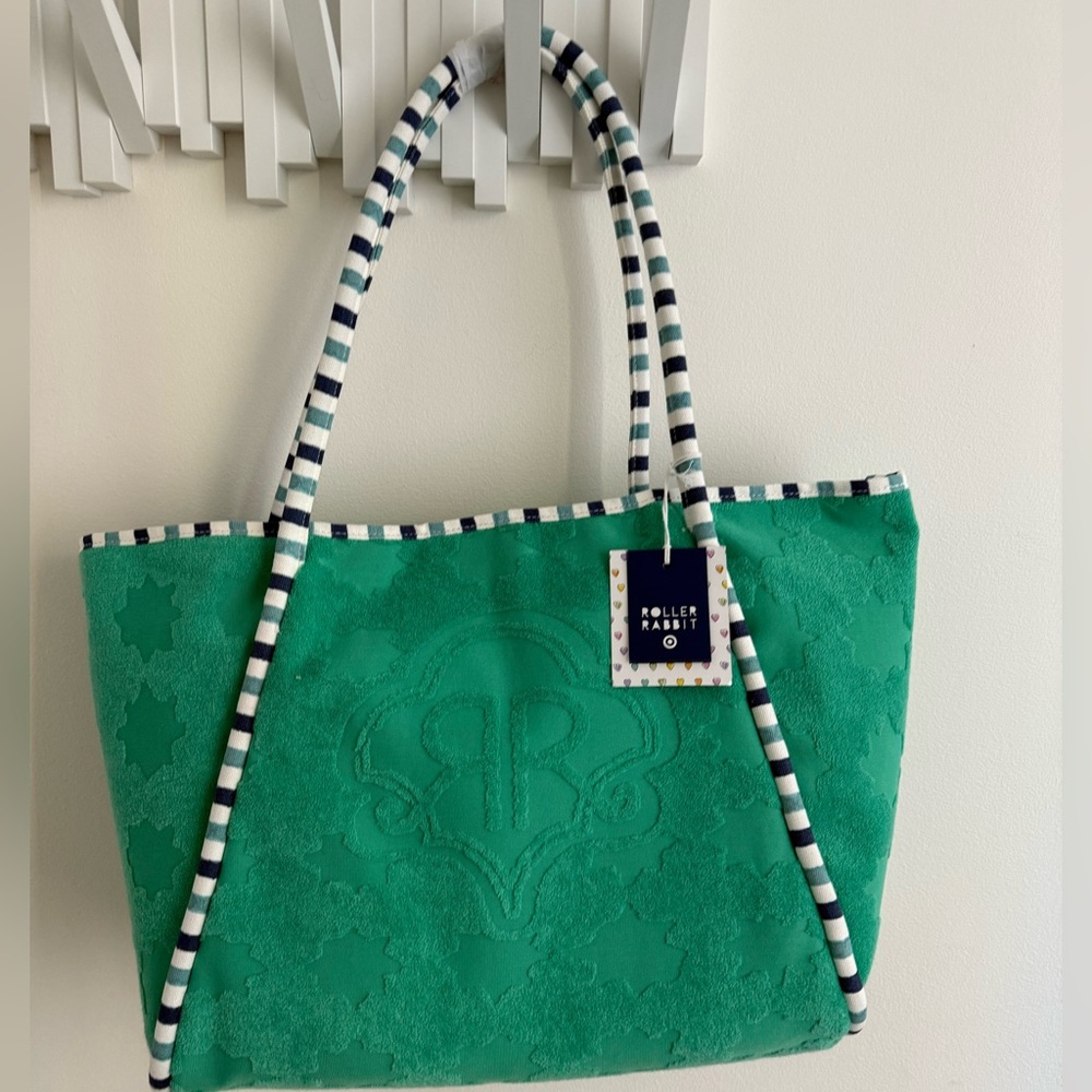 Roller Rabbit x Target Large Terry Beach Tote Bag Green Embossed Stars & RR Logo